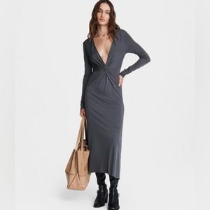 rag & bone Jules Crepe Twist Plunge Neck Long Sleeve Midi Dress Sz M